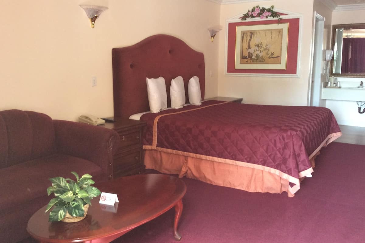 A hotel room with a large bed, a wooden nightstand, a desk, and a potted plant.