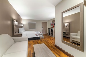 Habitación de hotel con cama, sofá, escritorio, televisor y un espejo grande.