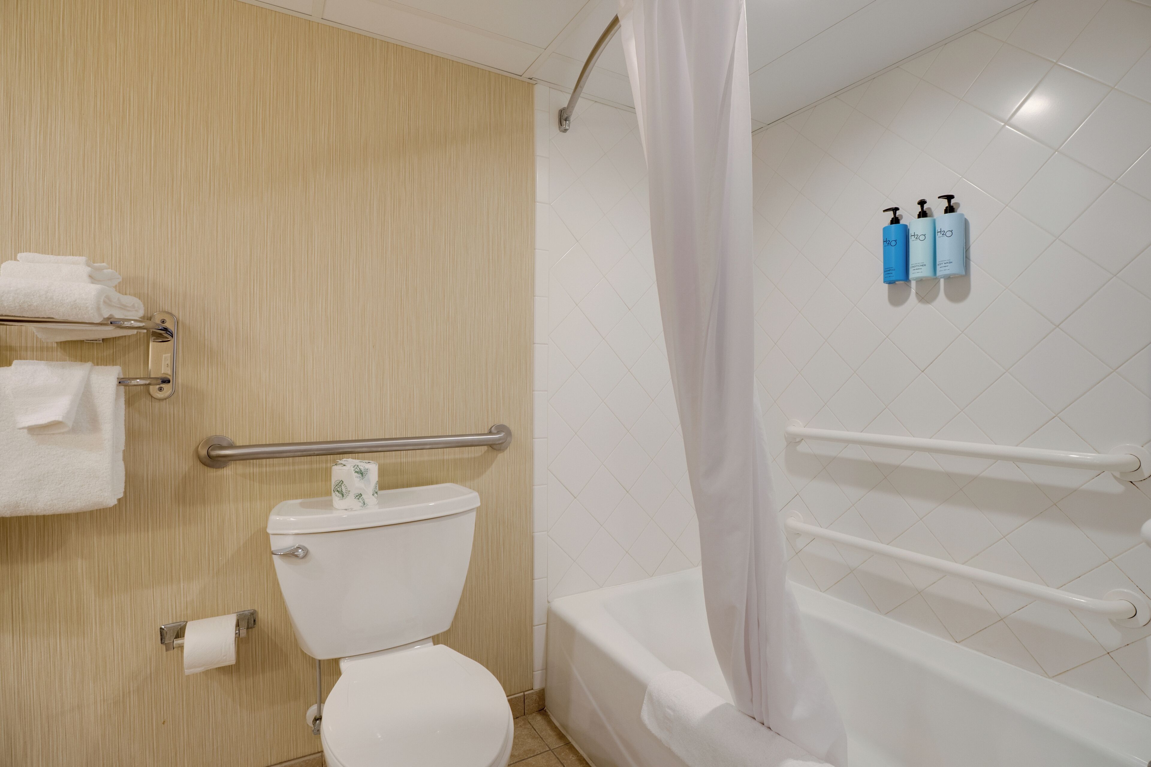 Une salle de bain équipée de toilettes, d’une douche avec un rideau, d’une barre d’appui et de deux bouteilles de shampoing fixées au mur.
