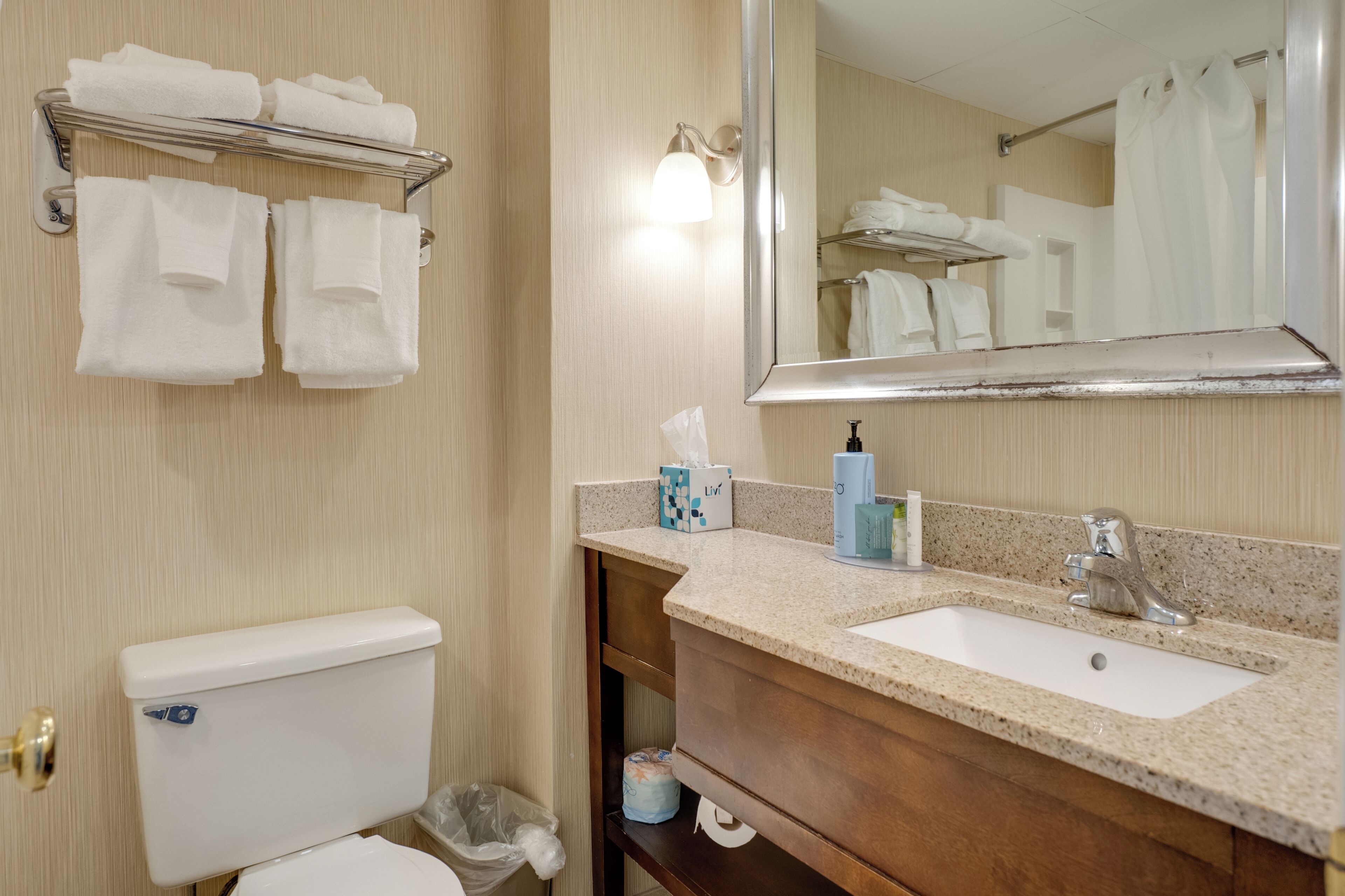 A bathroom with a toilet, sink, towel rack, and mirror.