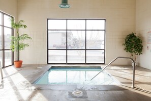 An indoor swimming pool with a view of the outside through large windows, a metal pool ladder, and potted plants. - Benny's Colville Inn (Colville)