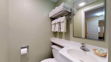 Ein Badezimmer mit Toilette, Waschbecken, Handtuchhalter und Spiegel.