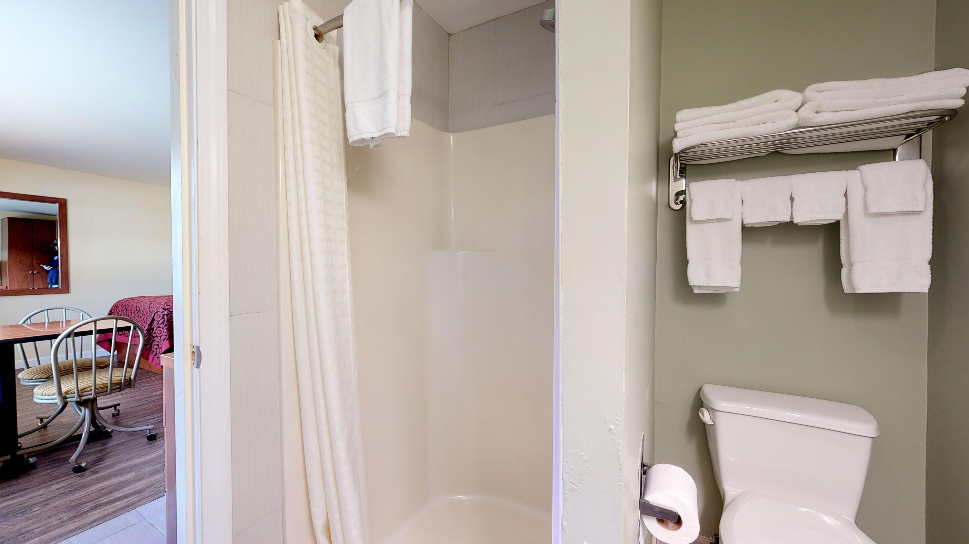 A bathroom with a shower, toilet, and a towel rack.