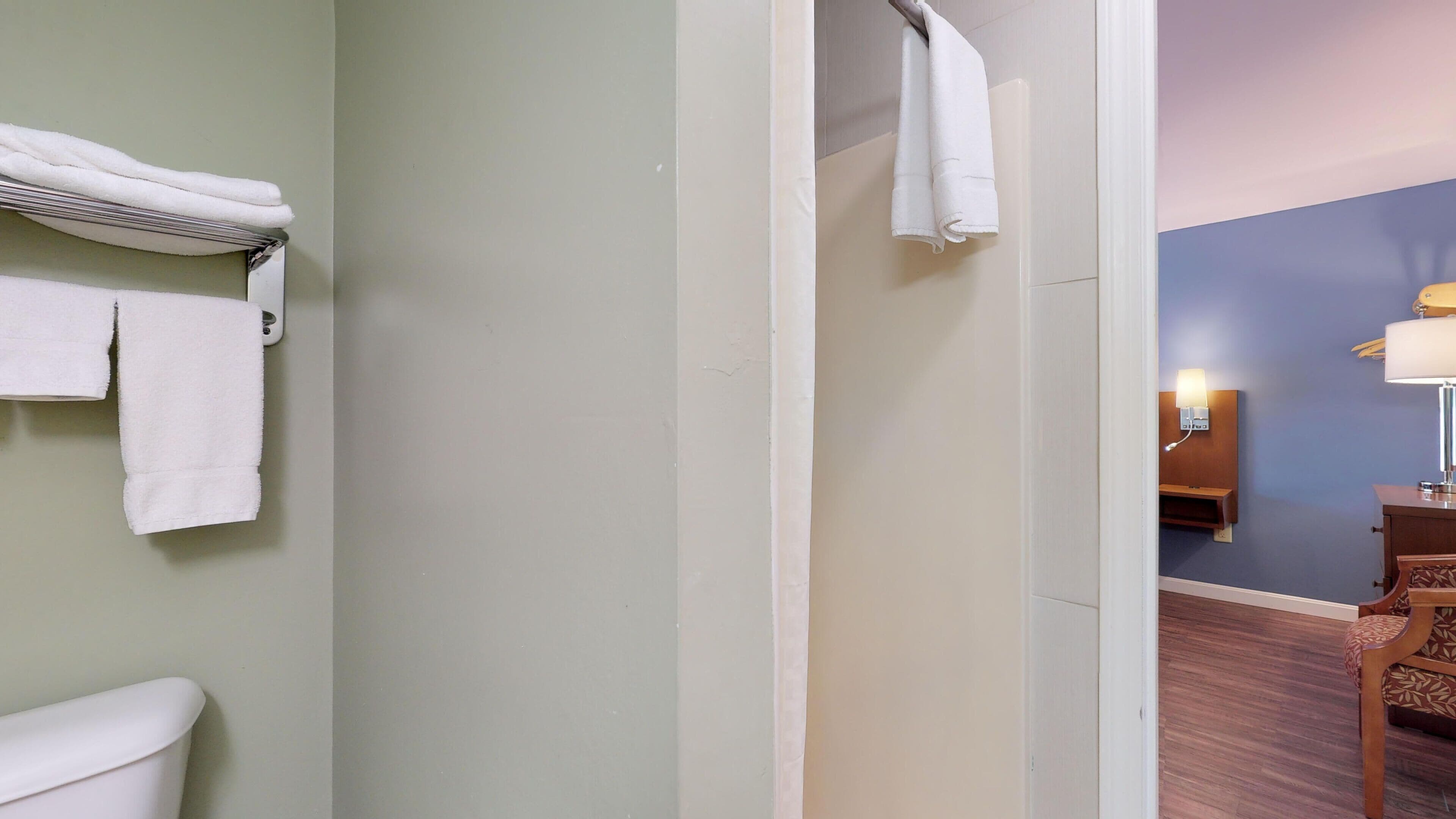 Un baño con inodoro, toallero y toallas, y suelo de madera.
