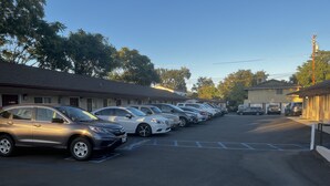 Eine Reihe geparkter Autos auf einem Parkplatz, im Hintergrund ein Gebäude.