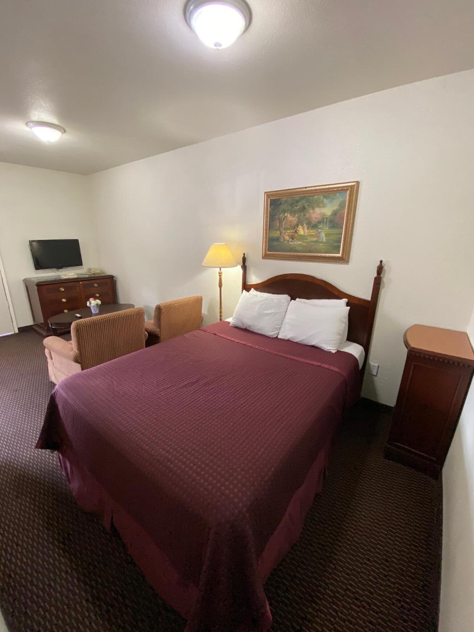 Un cuarto de hotel con una cama grande, un televisor en un tocador, una lámpara y un cuadro en la pared.
