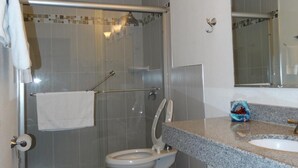 A modern bathroom with a shower, toilet, and sink.