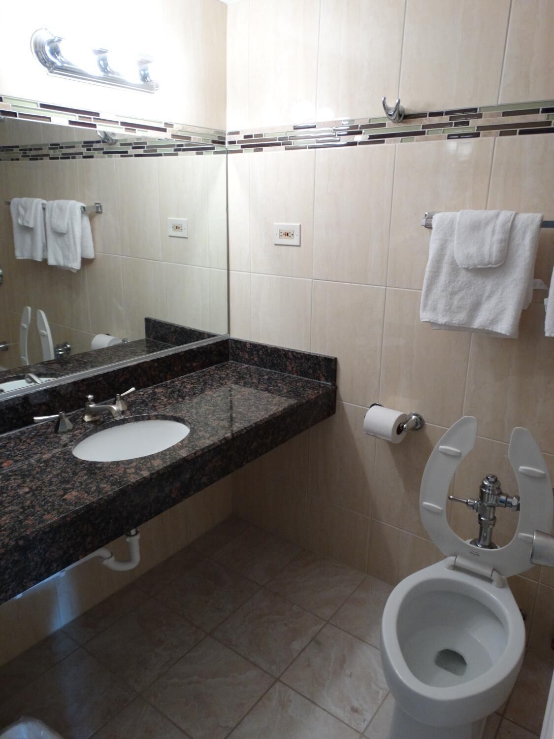 A modern bathroom with a granite countertop sink, a mirror, a toilet with a bidet attachment, and a towel rack.