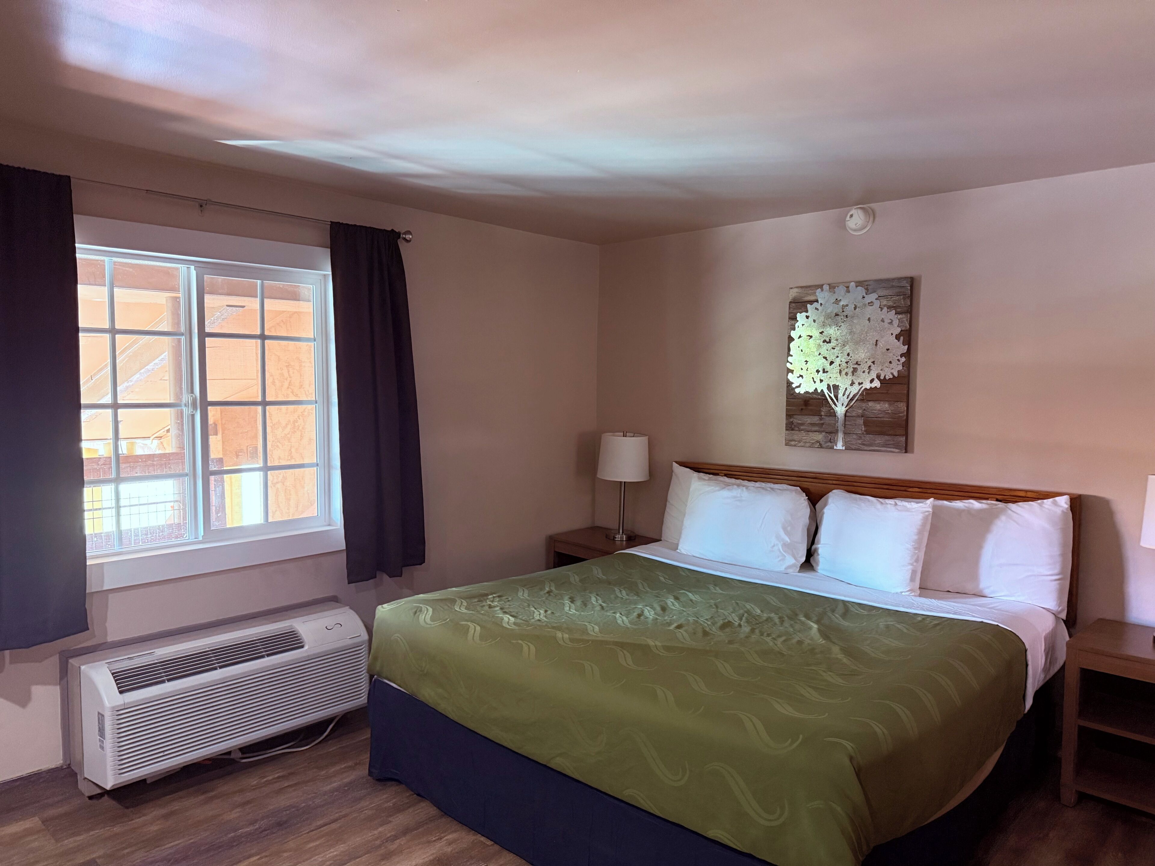 Ein Hotelzimmer mit Bett, einem Vorhangfenster, einer Wand-Klimaanlage, einem Nachttisch und einer Wanddekoration.