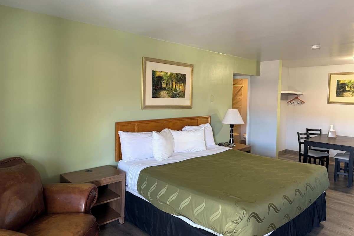 Quarto de hotel com cama, uma cadeira, uma escrivaninha e um quadro na parede.