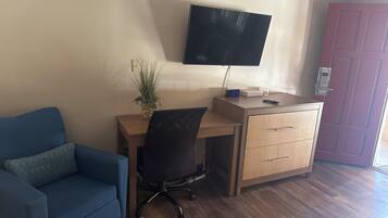 Una stanza con un divano blu, una scrivania in legno con un computer, una televisione e una porta.