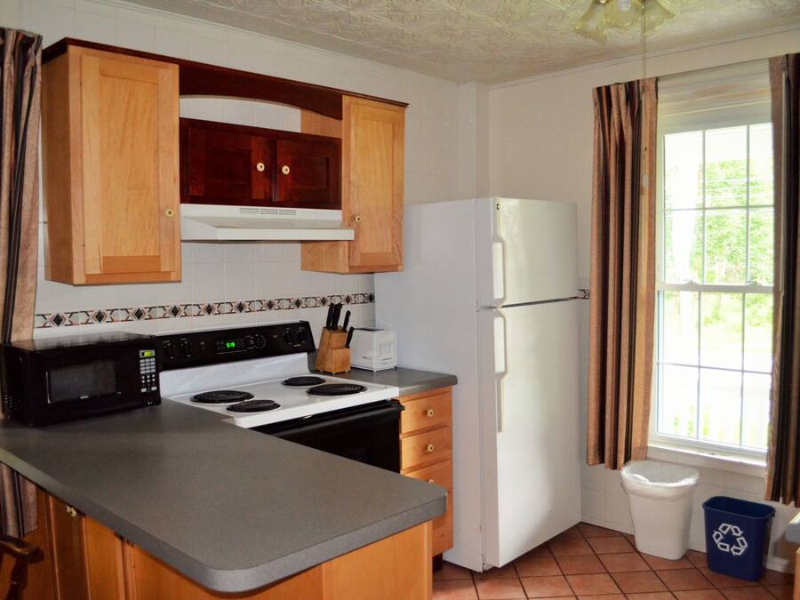 A kitchen with wooden cabinets, a white refrigerator, a stove, and a microwave.