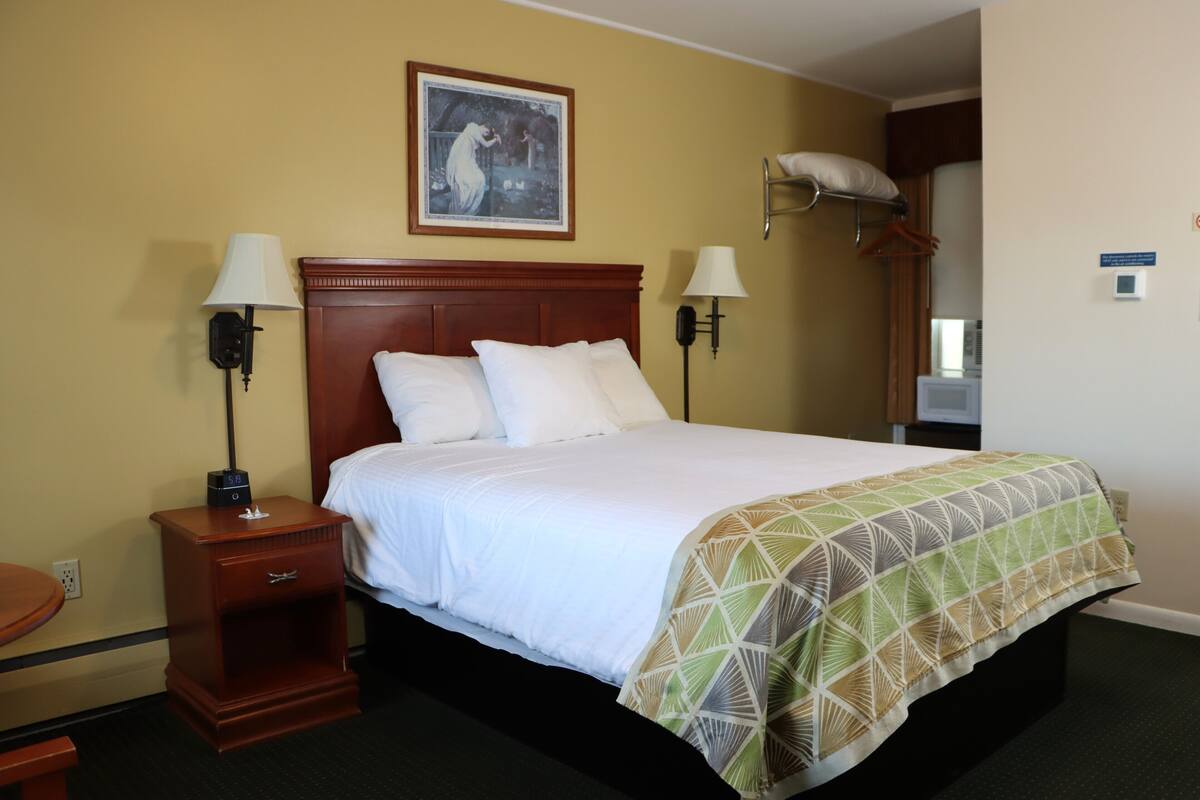 Une chambre d’hôtel avec un lit, deux lampes de chevet, une table de chevet, une étagère fixée au mur et un tableau encadré au-dessus du lit.