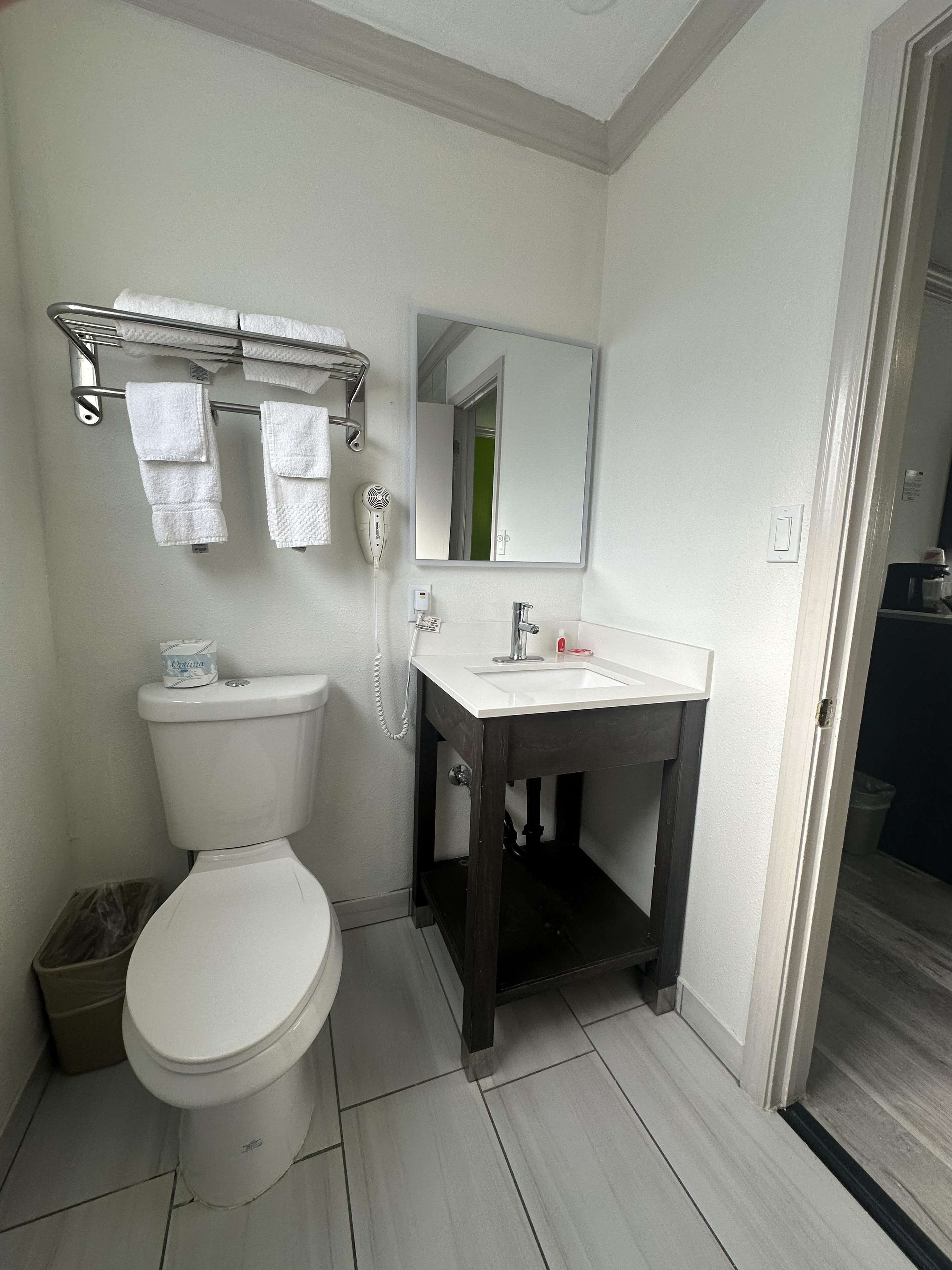 A bathroom with a toilet, a sink, a mirror, and a towel rack.