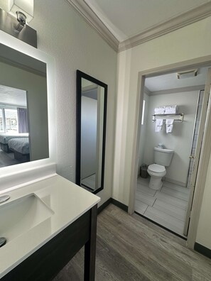 A bathroom with a white sink, a mirror, and a toilet.