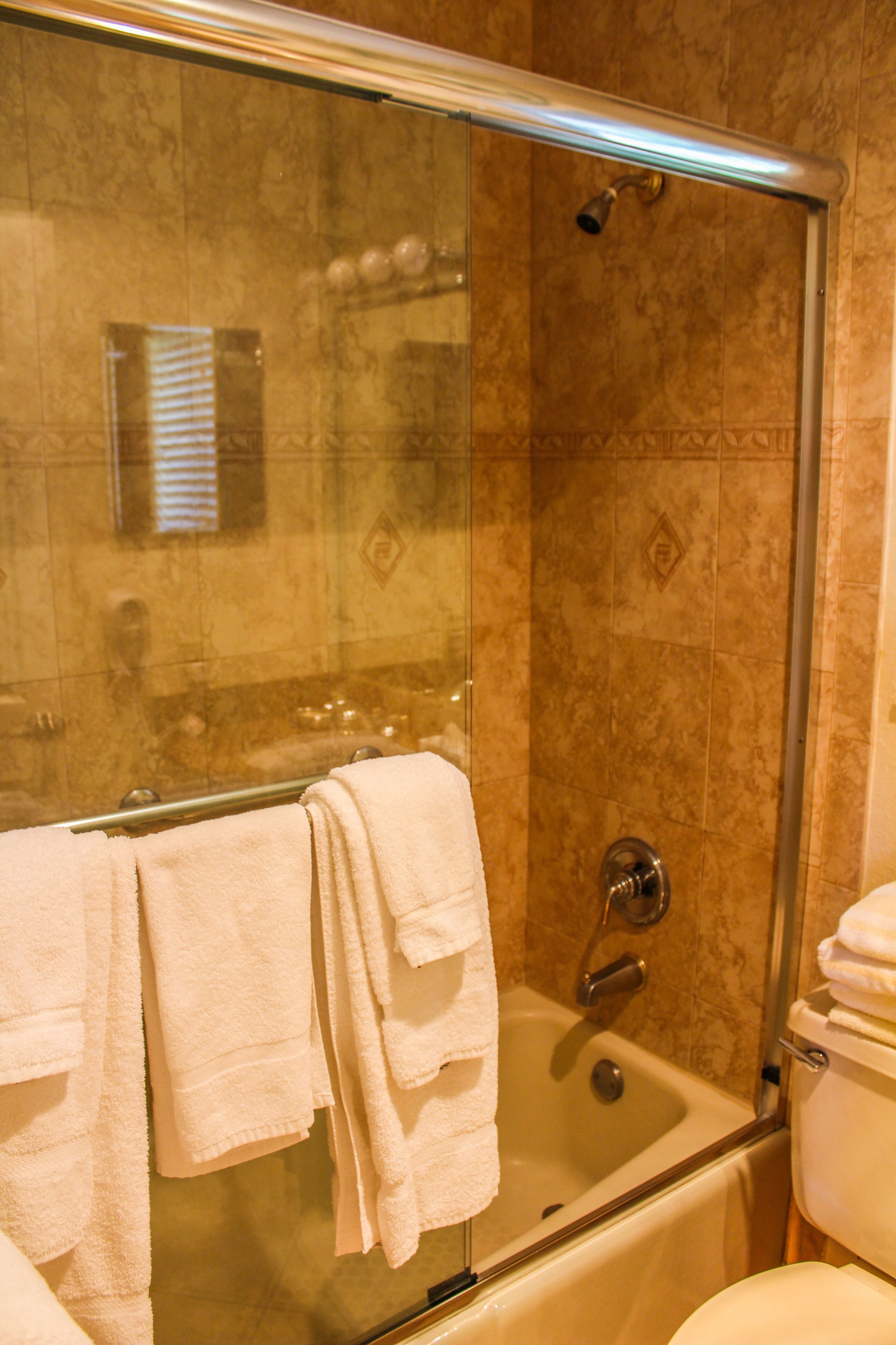 A bathroom with a glass-enclosed shower, a bathtub, and a toilet.
