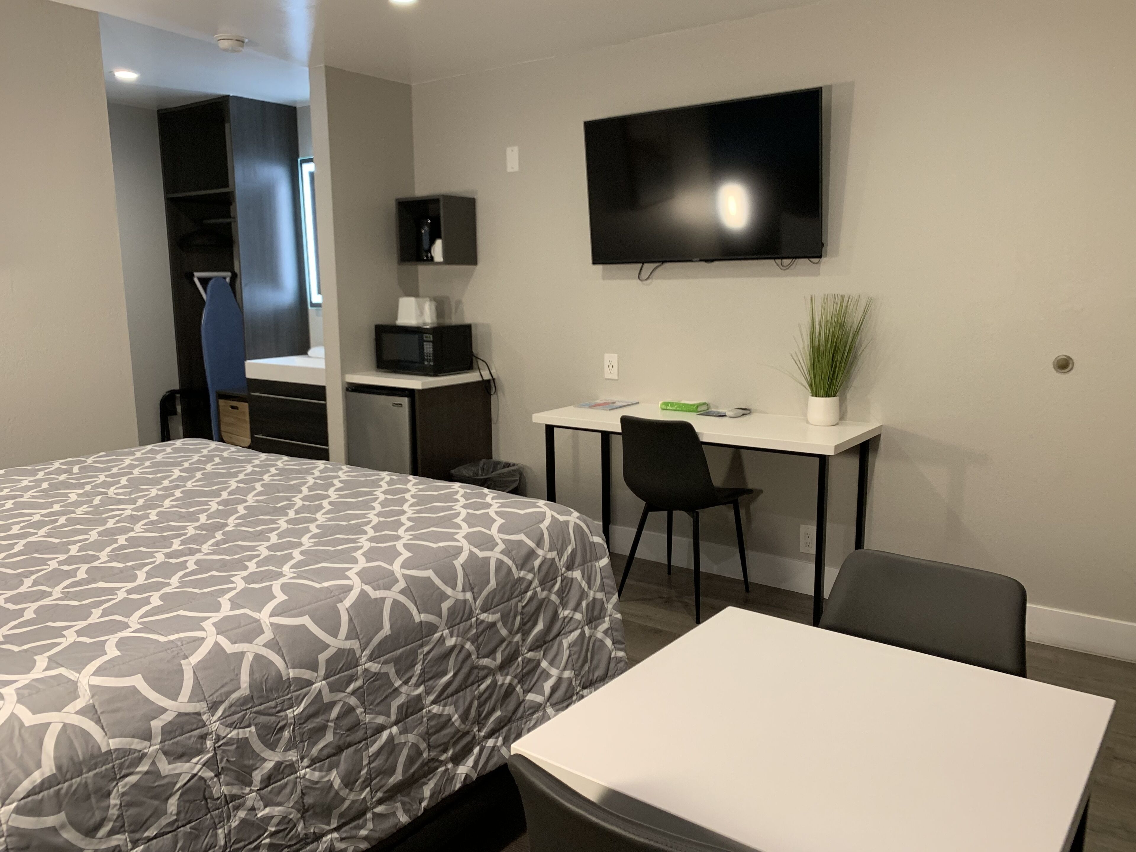 A hotel room with a bed, a desk with a chair, a television, and a small potted plant.