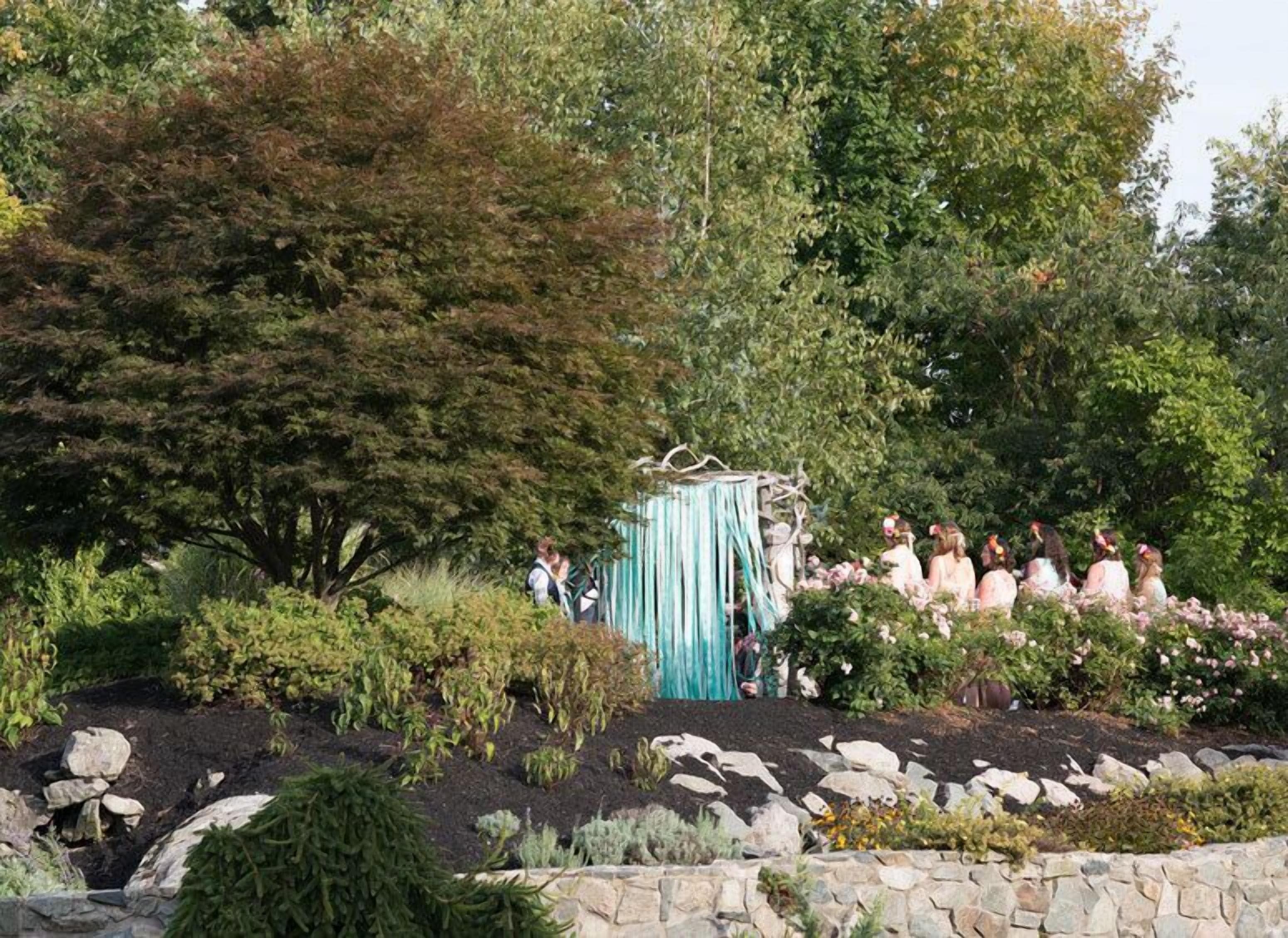Ein Garten mit verschiedenen Pflanzen und Bäumen, eine Steinmauer und eine kleine Struktur mit einer blauen Plane.
