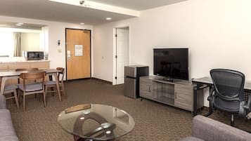 Desk, laptop workspace, blackout curtains, iron/ironing board