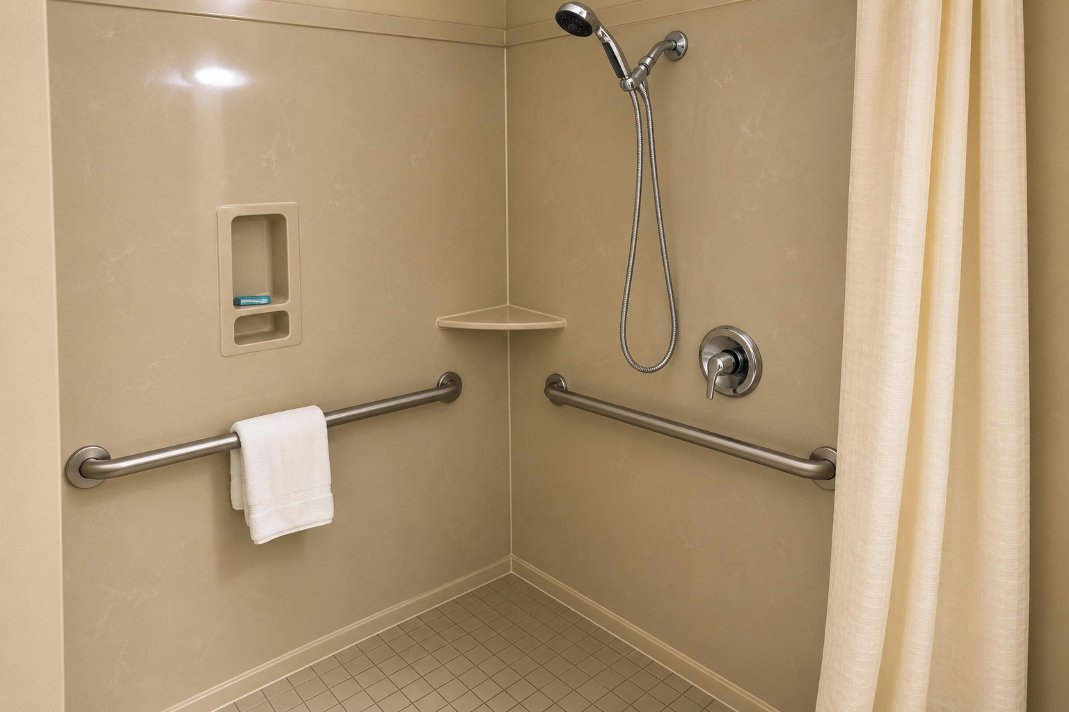 Duschwanne, kostenlose Toilettenartikel, Haartrockner, Handtücher