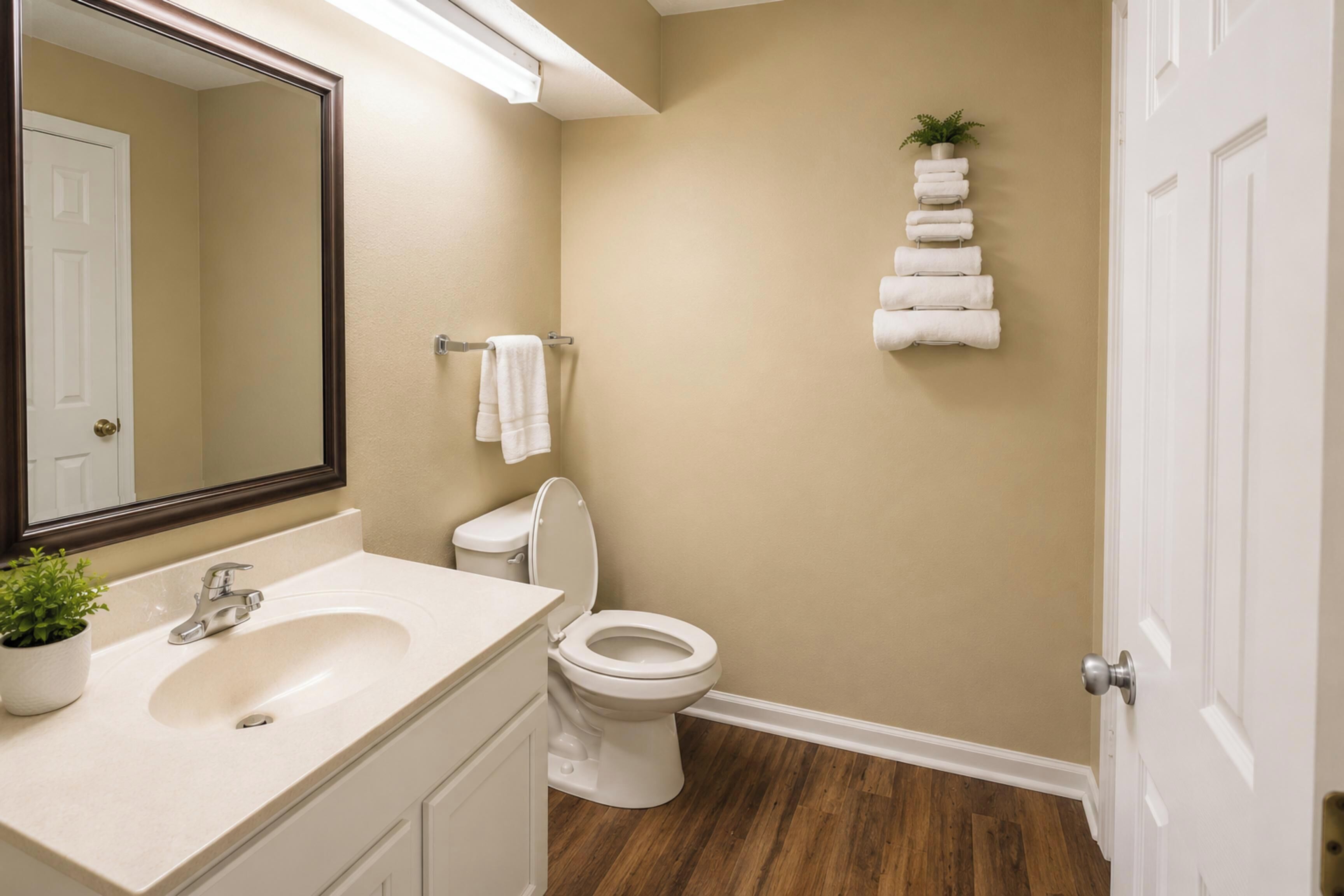 Une salle de bain équipée d’un lavabo, d’un miroir, de toilettes et d’un porte-serviettes avec des serviettes.
