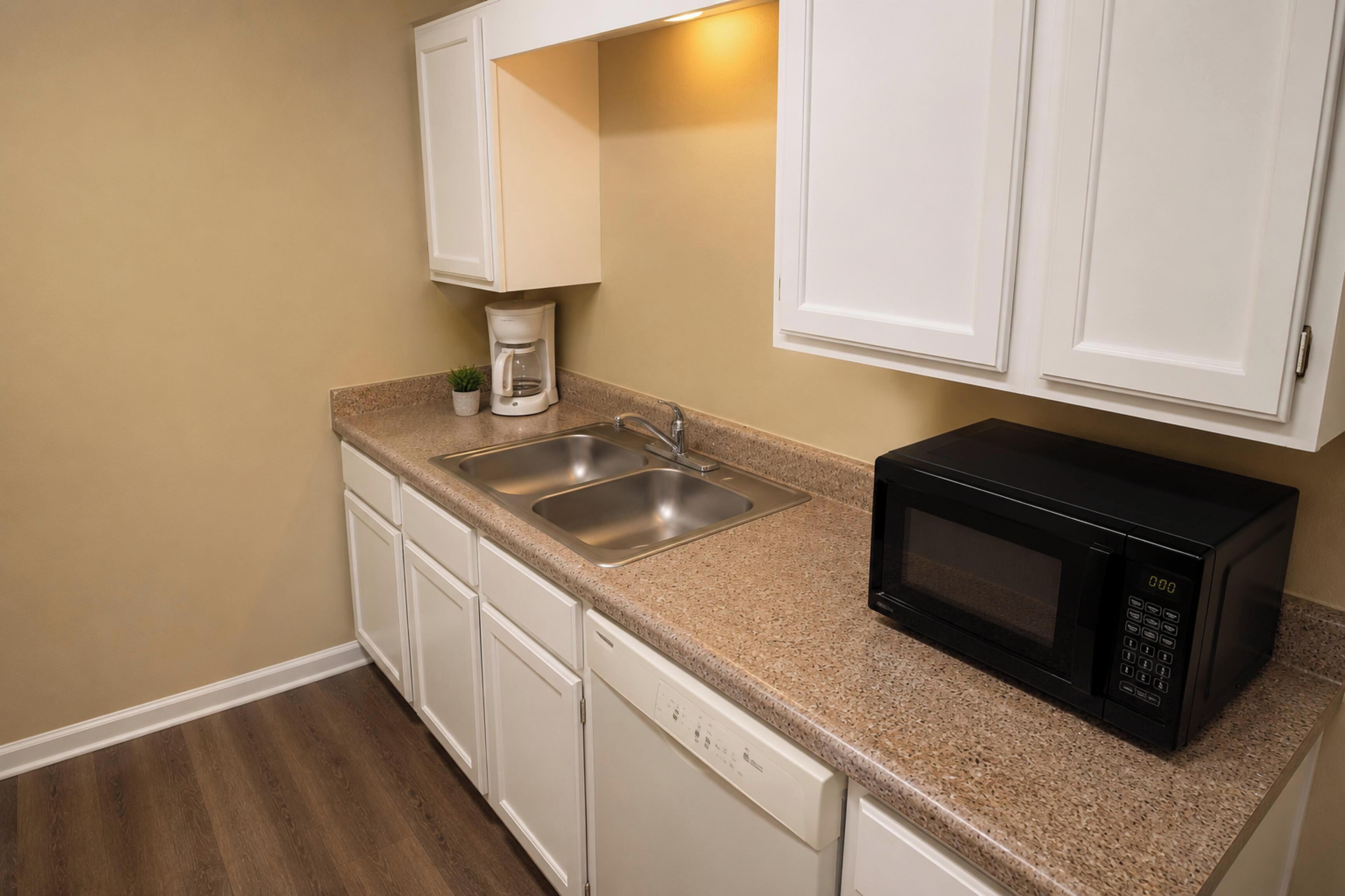 A compact kitchen with a double sink, a coffee maker, a microwave, and white cabinetry.