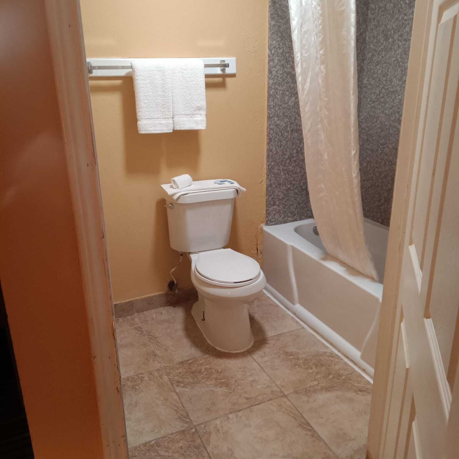 Habitación doble estándar, 2 camas matrimoniales | Baño | Tina con regadera, amenidades de baño gratuitas, toallas, shampoo 