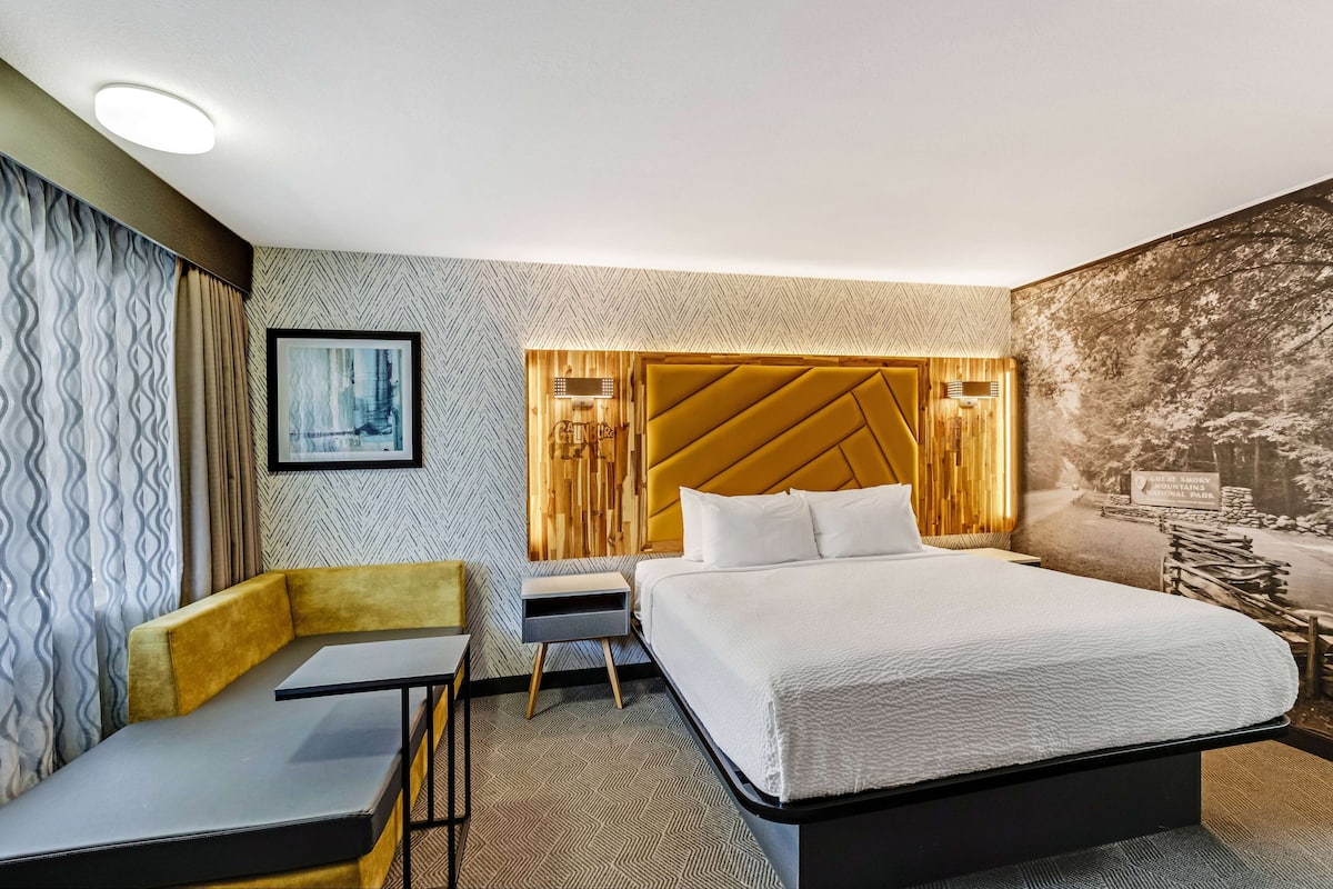 Une chambre d’hôtel avec un lit, un bureau, une chaise et un mur orné d’un motif décoratif.