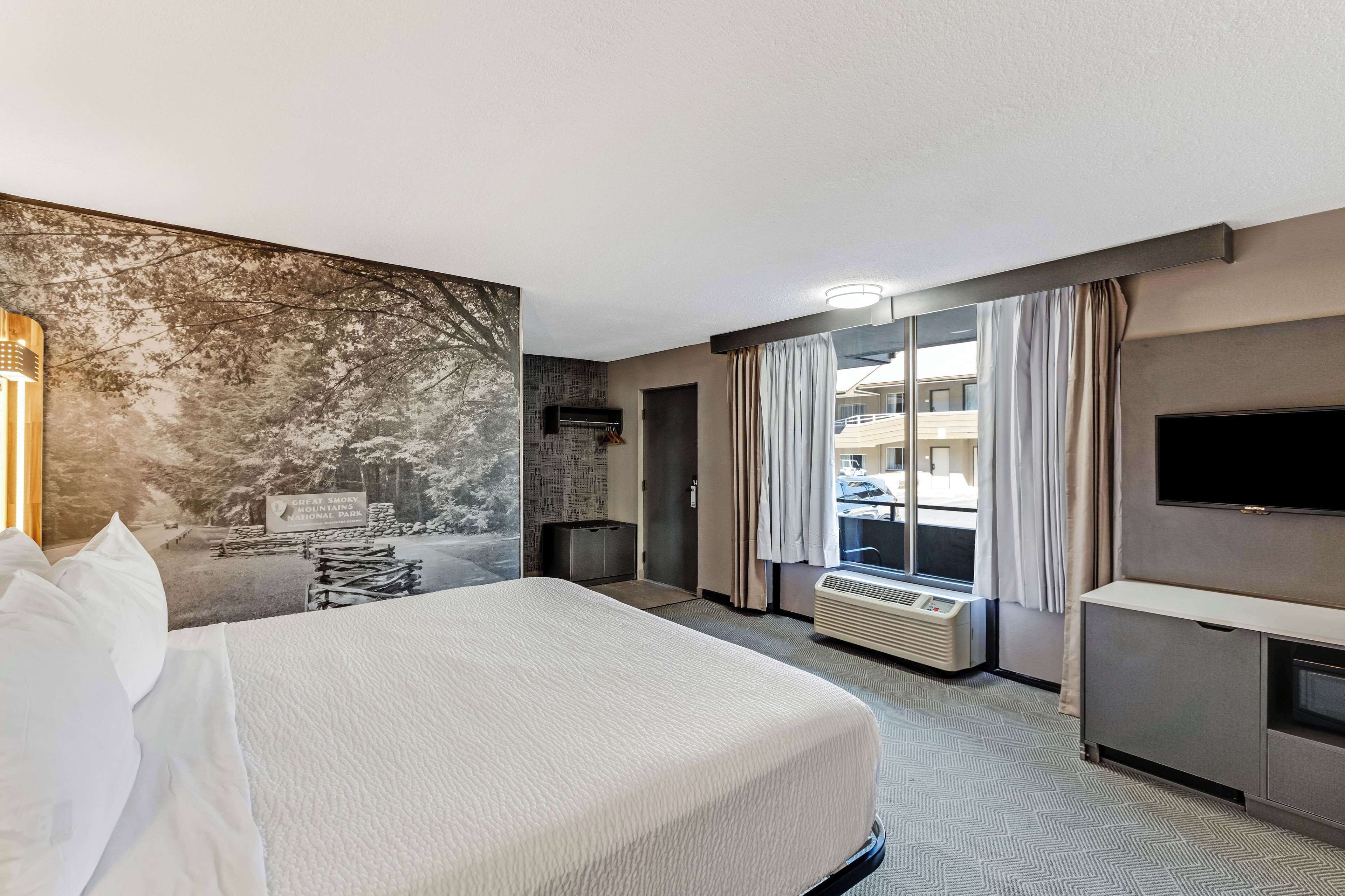 Une chambre d’hôtel équipée d’un lit, d’un téléviseur à écran plat, d’une fenêtre avec des rideaux, d’un radiateur fixé au mur et offrant une vue sur l’extérieur.