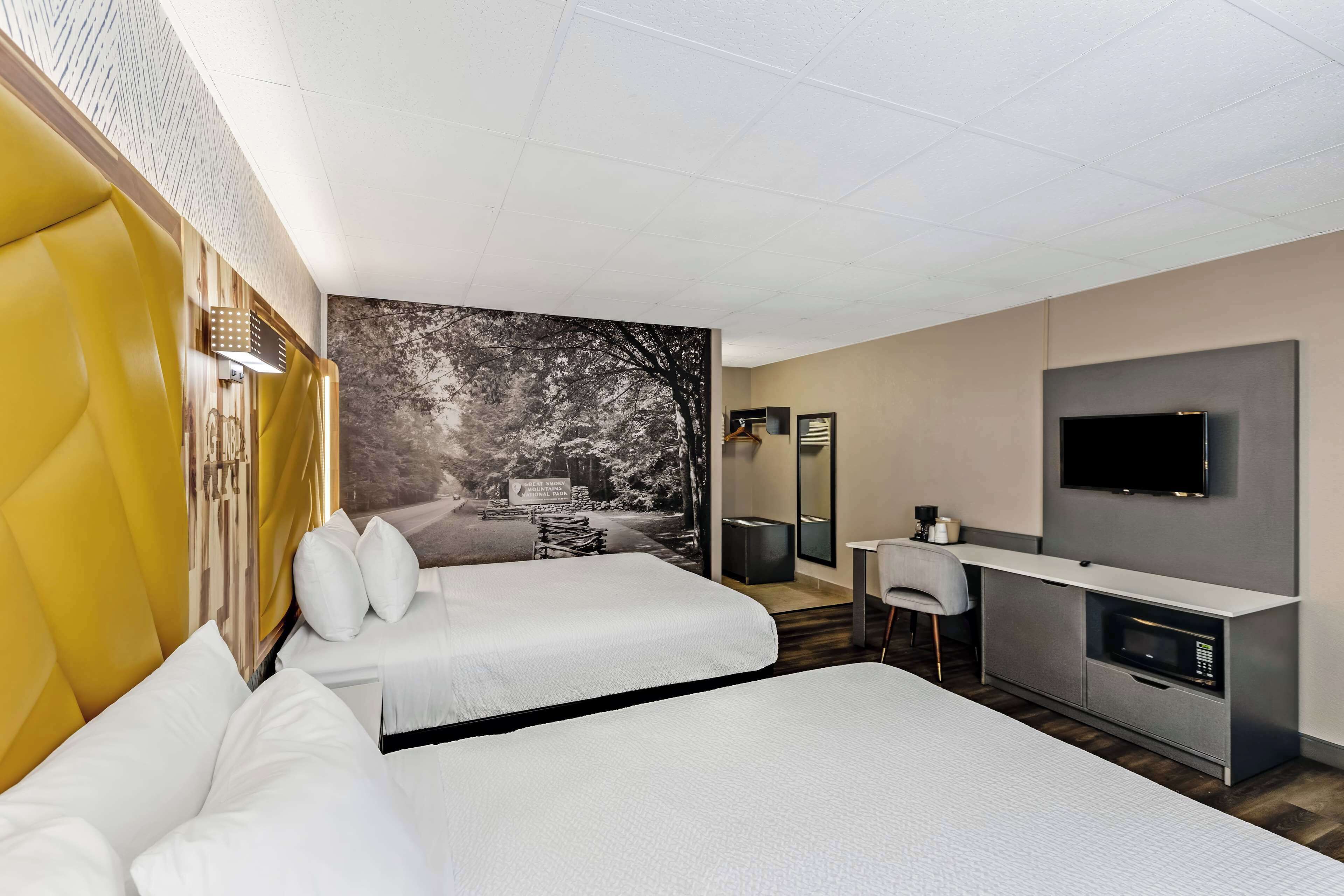 Habitación de hotel con dos camas, un escritorio, televisión y una ventana grande con vistas a árboles.