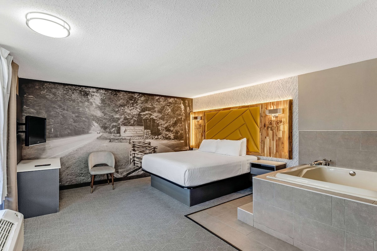 Une chambre à coucher moderne avec un lit, une table de chevet, une chaise et une grande baignoire.