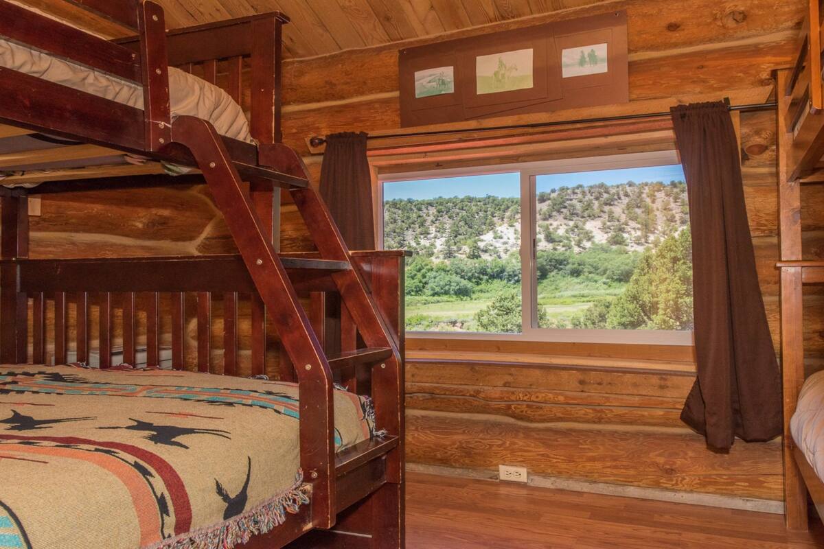 A cabin room with a bunk bed, a ladder, a window with a view of a forest, and a wall-mounted picture.