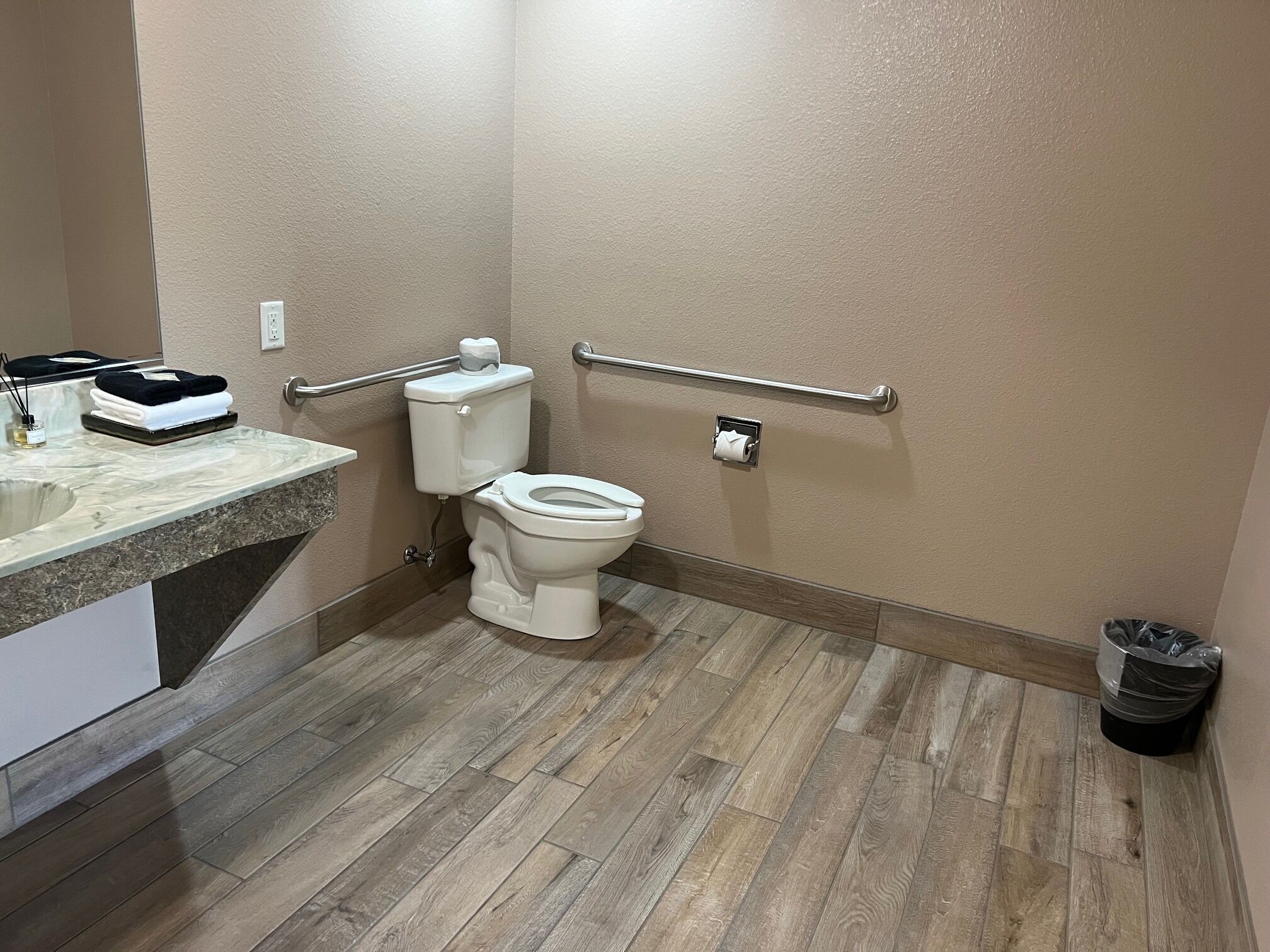 A bathroom with a toilet, a handrail, a trash can, and a marble sink.