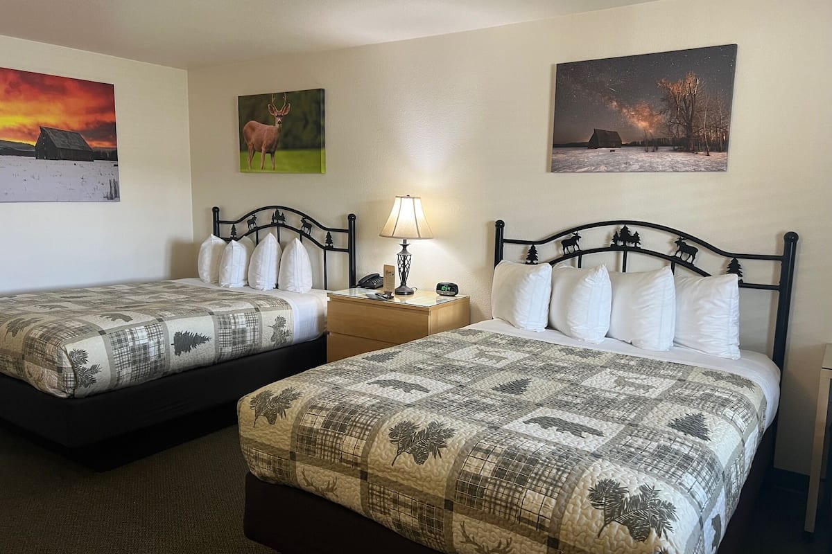 A hotel room with two beds, each with a patterned bedspread, a nightstand with a lamp, and wall art depicting nature scenes.