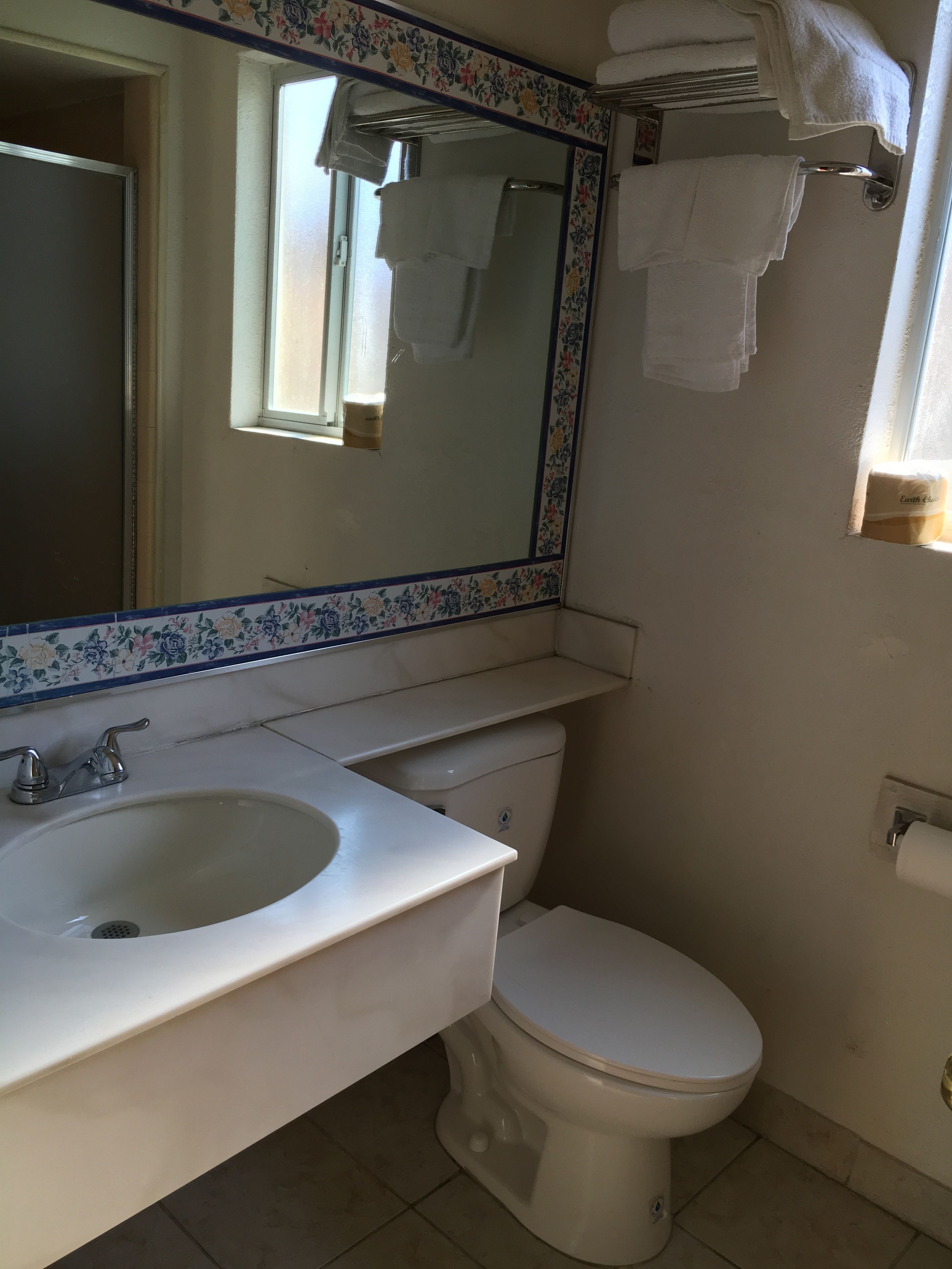 A bathroom with a white sink, toilet, and a mirror with a floral border.