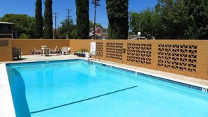 Une piscine rectangulaire dont le bord est recouvert de carreaux, entourée d’une clôture ornée d’un motif géométrique.