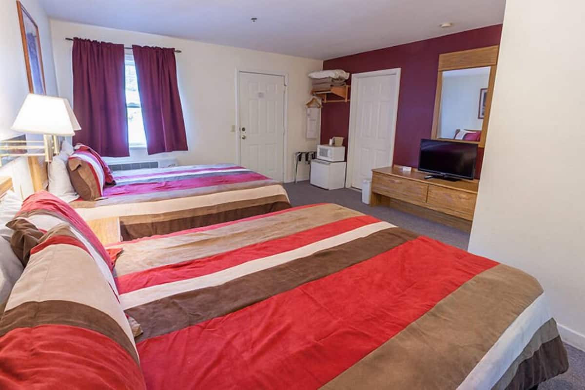 Une chambre d’hôtel avec deux lits, une télévision, un bureau et un miroir.