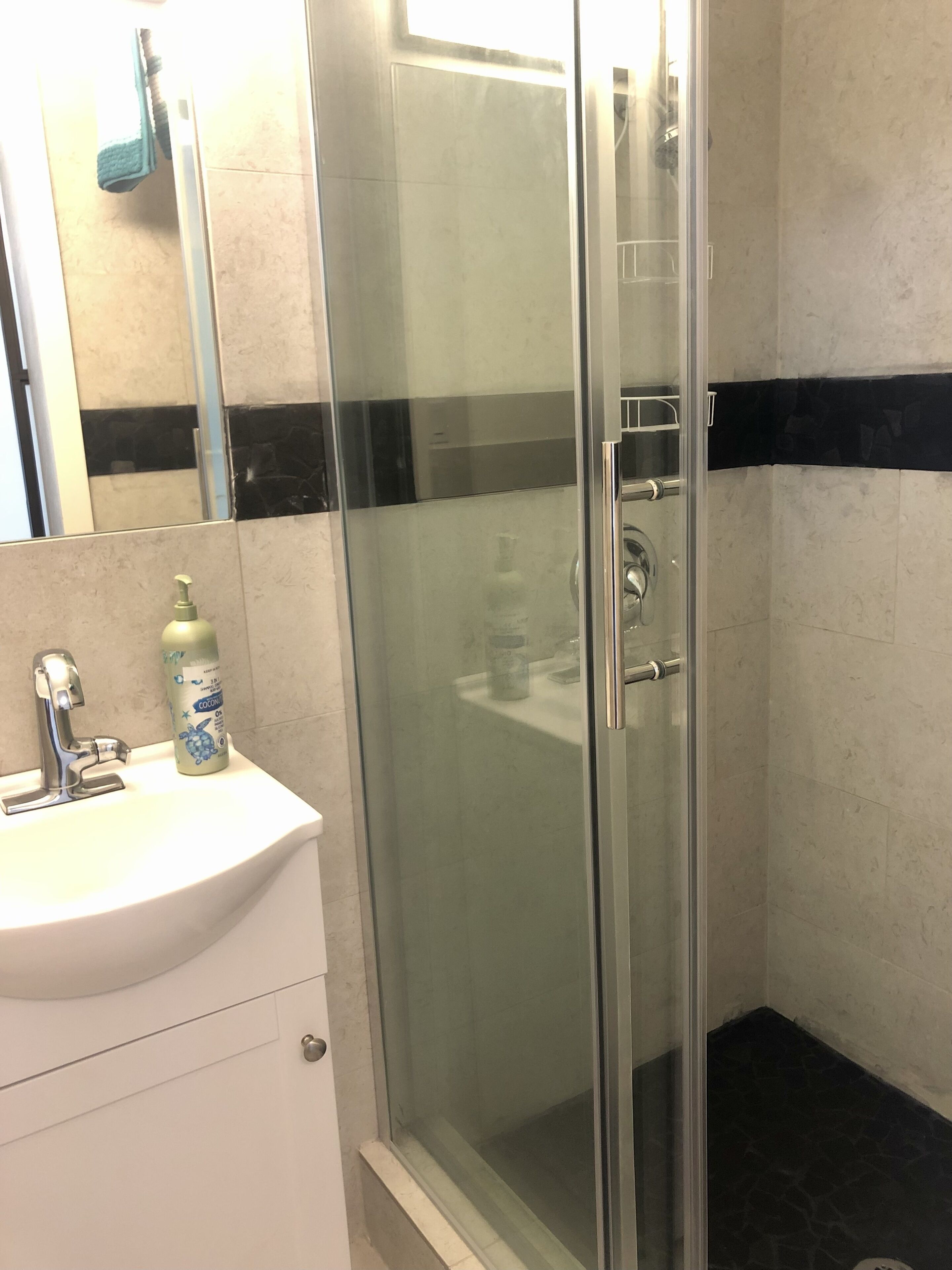 A bathroom with a glass shower enclosure, a sink with a soap dispenser, and a mirror.