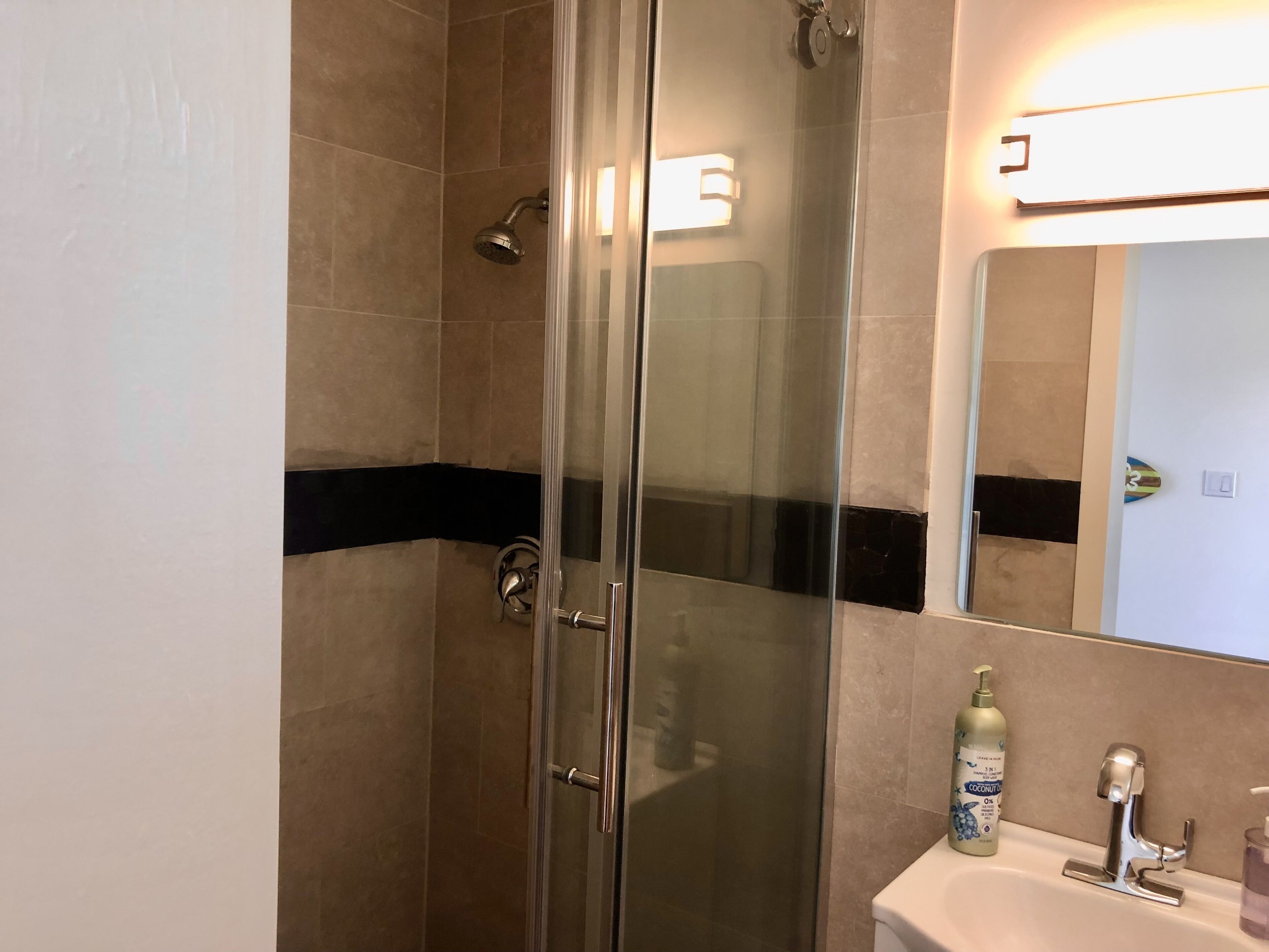 A glass-enclosed shower with a handheld showerhead, a white sink with a modern faucet, and a mirror above the sink.