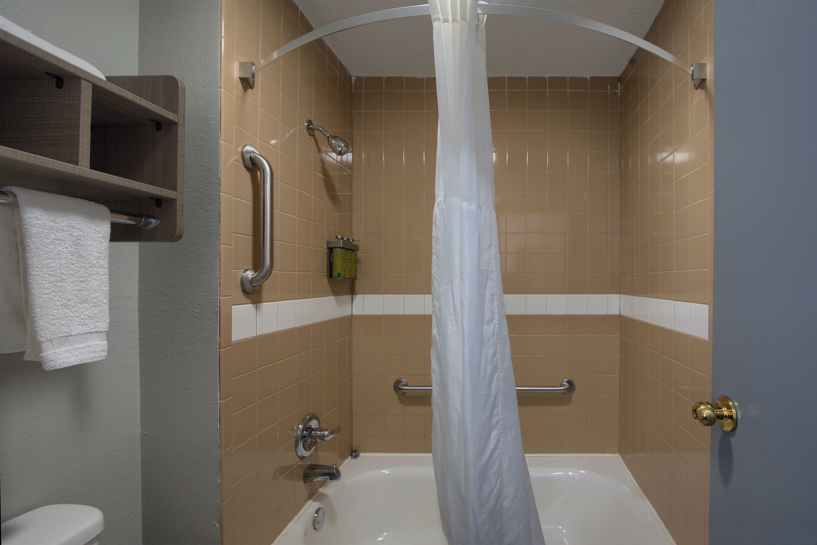 A bathroom with a bathtub, a shower, and a toilet. There are grab bars in the shower and a towel rack above the toilet.
