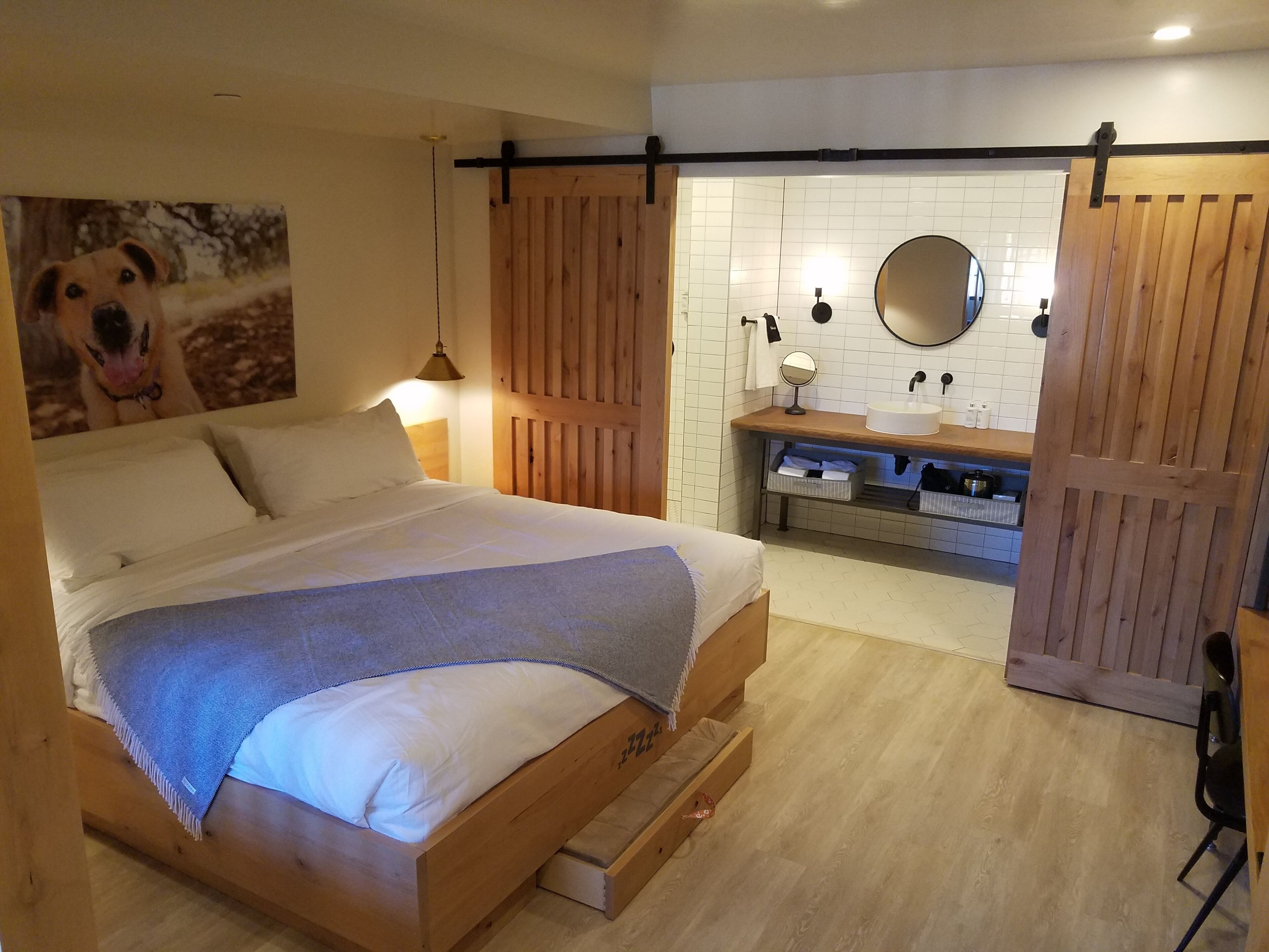 A bedroom with a wooden bed, a nightstand, a mirror, and a bathroom with a sink and storage.