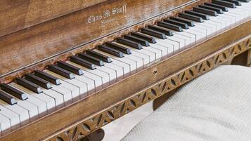 Un piano de cola con acabado de madera y la inscripción 'Chas. M. Steiff Baltimore'.