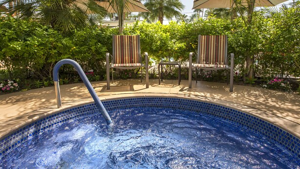 Piscina con escalera metálica, rodeada de palmeras y sillas con tapicería a rayas.