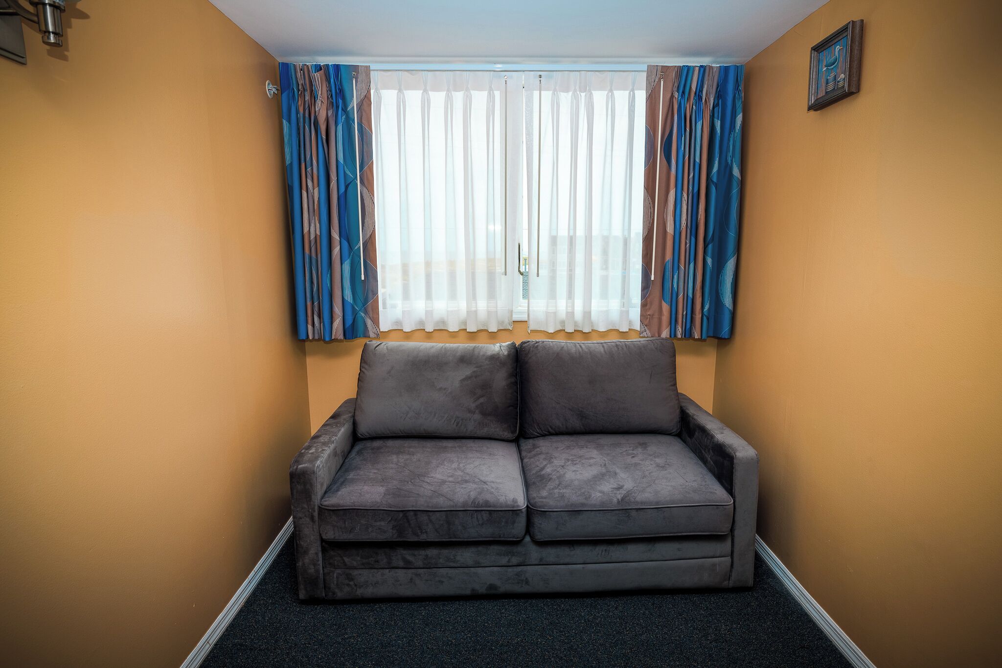 A room with a grey sofa, a window with sheer curtains, and a picture frame on the wall.