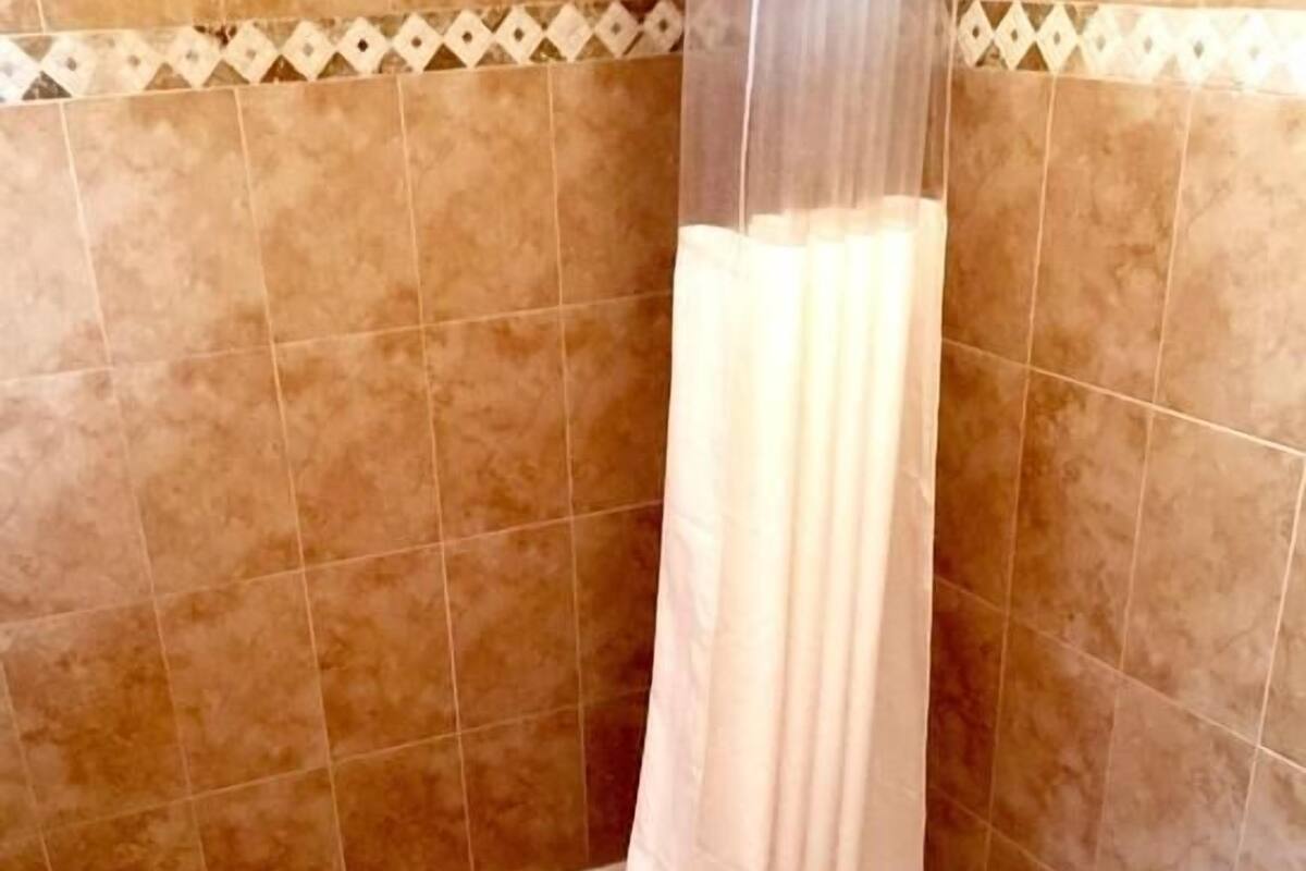 A bathroom with a bathtub, toilet, and shower curtain.