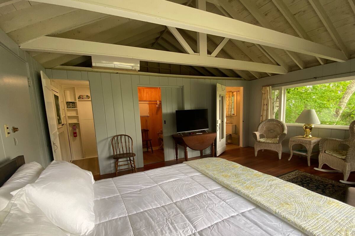 A bedroom with a large bed, a television, wicker chairs, and a window with a view of greenery.