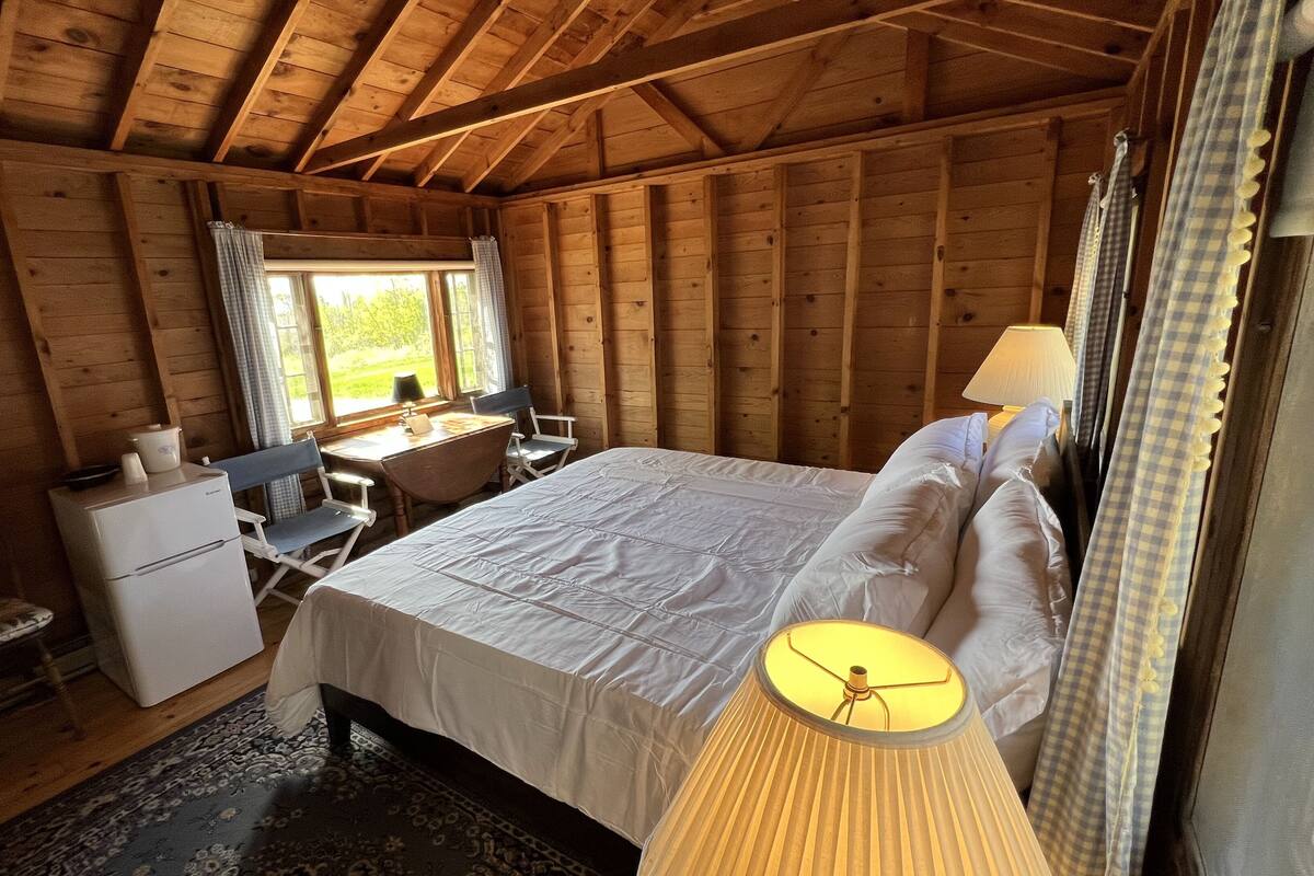 A cozy cabin room with a bed, a desk, and a chair.