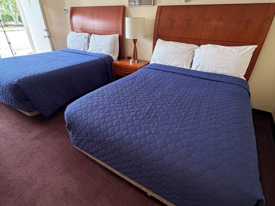 A hotel room with two beds, a wooden headboard, a nightstand with a lamp, and a framed picture on the wall.