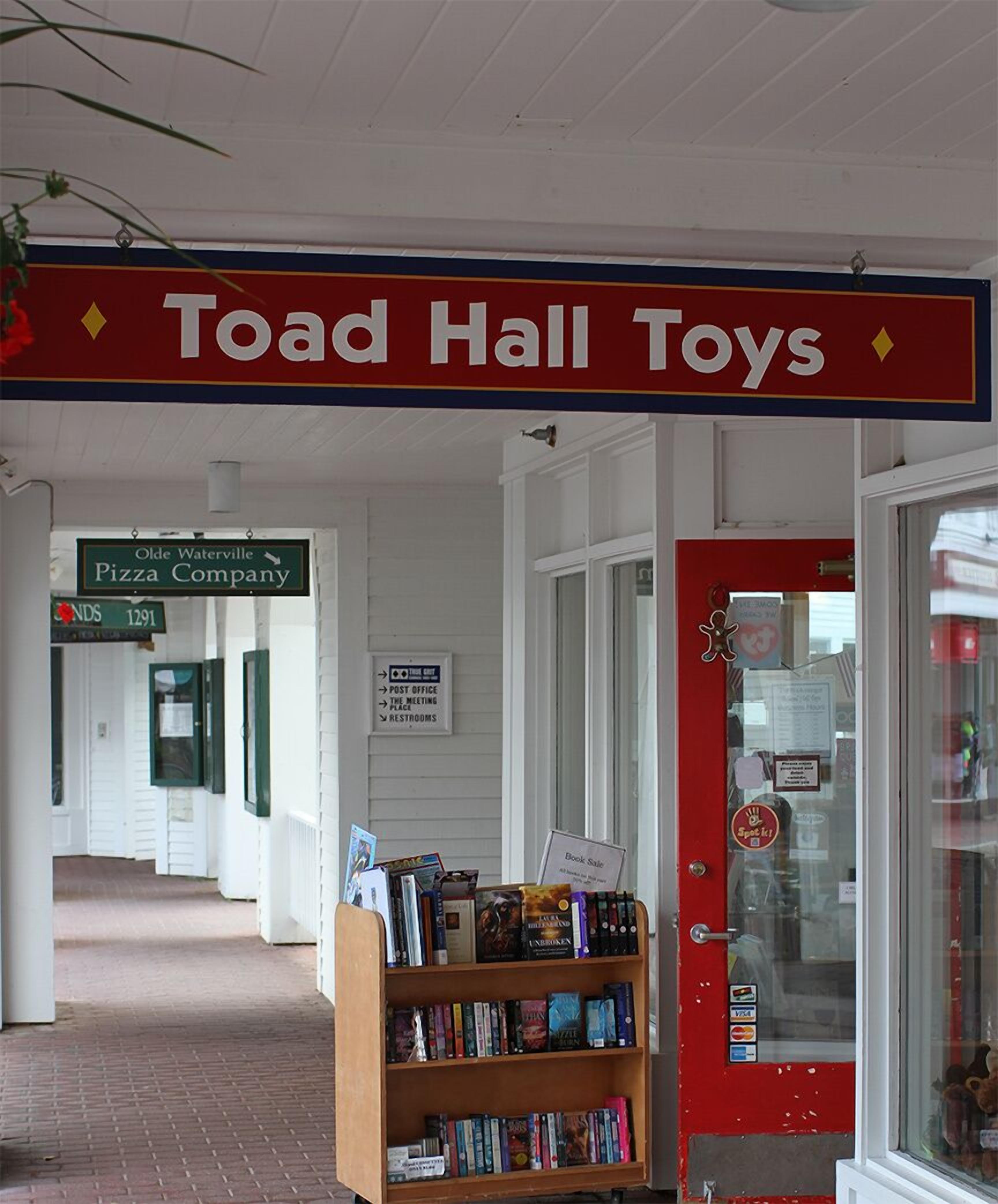 Un escaparate con un letrero que dice 'Toad Hall Toys' y una librería llena de libros.