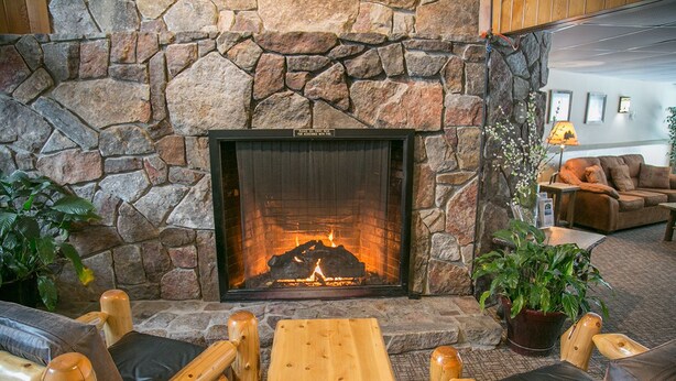 A stone fireplace with a fire, surrounded by wooden furniture and plants. - Black Bear Lodge (Waterville Valley)